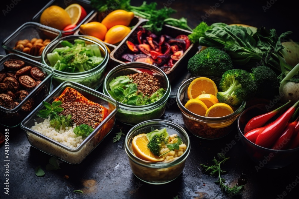 Poster assorted containers filled with different types of food. ideal for food storage concepts