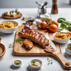 Wholesome food on a wooden serving board white countertop in a stylish kitchen in the background
