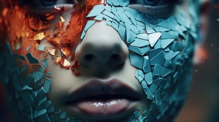 Close-up of woman's face with vibrant blue and orange paint, perfect for artistic projects - obrazy, fototapety, plakaty