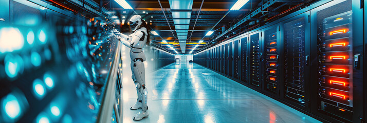 AI technology, robots in information security, in the server room.