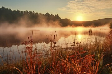 Beautiful sunset over a tranquil lake with reeds, perfect for nature backgrounds - obrazy, fototapety, plakaty