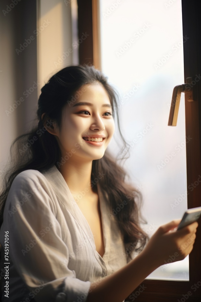 Poster a woman holding a cell phone in front of a window. suitable for technology and communication concept