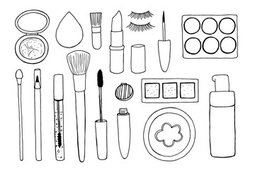 Set of items for makeup. Vector doodle illustration of makeup accessories. Eye shadow, lipstick, foundation, powder. Black and white contour drawing of isolated Decorative cosmetics.