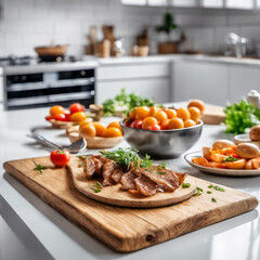 Quick food on a wooden cutting board. White countertop in a spacious kitchen in the background.
A colorful spread of food on a wooden cutting board. White countertop in a modern kitchen in the backgr
