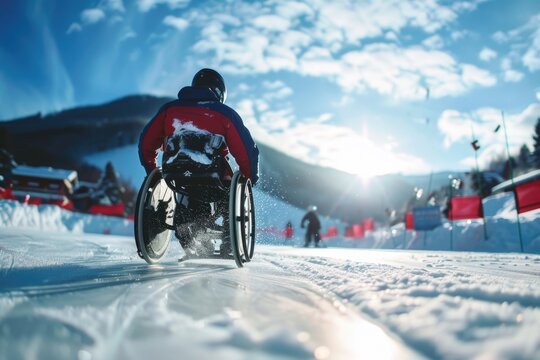 A man in a wheelchair fearlessly skiing down a snow-covered hill, showcasing his adaptive sports skills and determination