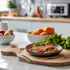 Nutrient-rich food on a wooden stand. White countertop in a cutting-edge kitchen in the background.

