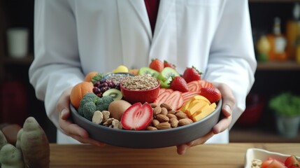 A person holding a bowl of fruit and nuts. Suitable for healthy eating concepts