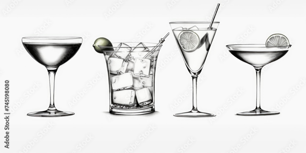Poster assorted glasses with different beverages, suitable for various concepts