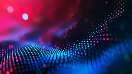 3d rendering of abstract particles form curved lines and surfaces with depth of field and bokeh in red light