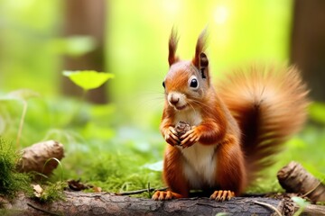 Naklejka na ściany i meble A squirrel sitting on a log in the woods. Perfect for nature and wildlife themes