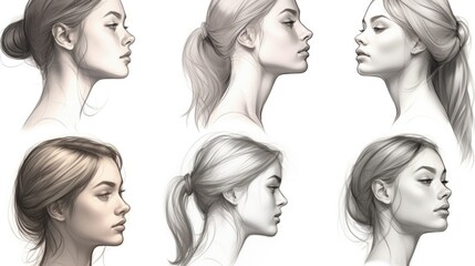 A drawing of a woman's face showing various expressions, perfect for illustrating emotions in design projects - obrazy, fototapety, plakaty
