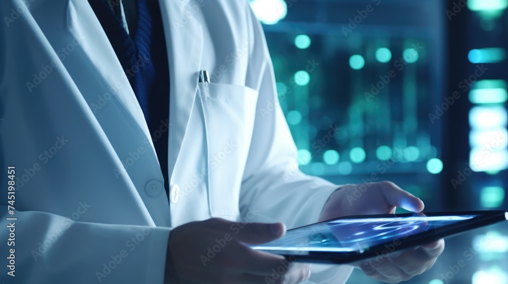 Poster A man in a lab coat holding a tablet computer. Suitable for technology and science concepts