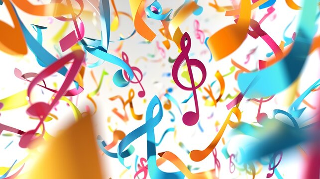 Colorful music notes flying in the air. 3D illustration.