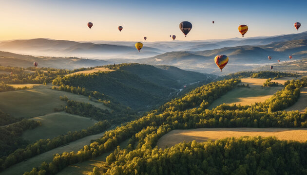 Hot air balloon flight at dawn