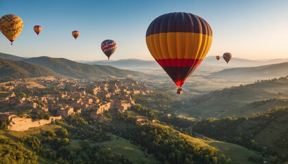 Fototapeta na wymiar Hot air balloon flight at dawn