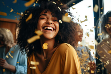 Fototapeta premium Happy African woman laughs under a rain of golden confetti