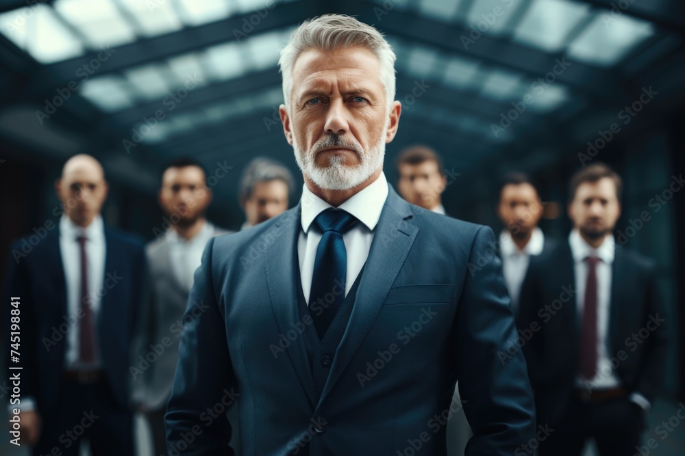 Poster A man in a suit standing in front of a group of men. Ideal for business concepts