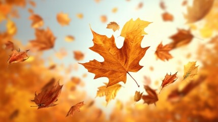 A bunch of leaves flying in the air. Suitable for nature and autumn concepts