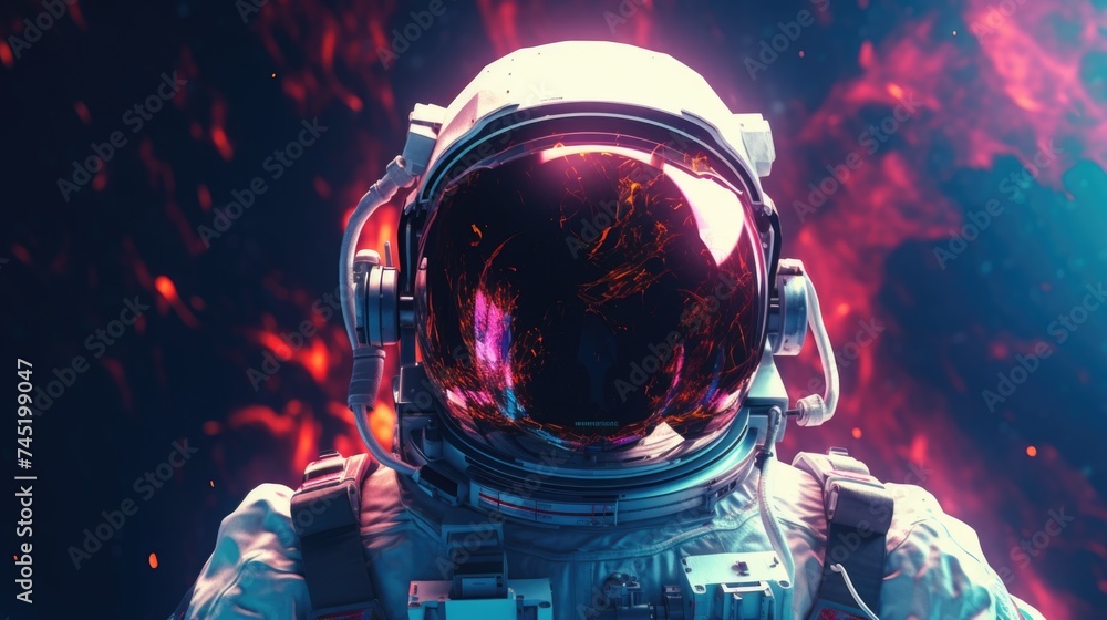 Poster Close-up shot of an astronaut in a space suit. Suitable for science and technology concepts