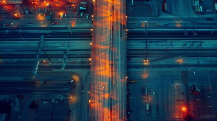 High-angle view of a busy urban highway during evening rush hour, with vibrant streaks of light from moving vehicles.