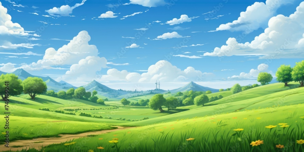 Poster a serene painting of a green field with trees and colorful flowers. suitable for nature and landscap