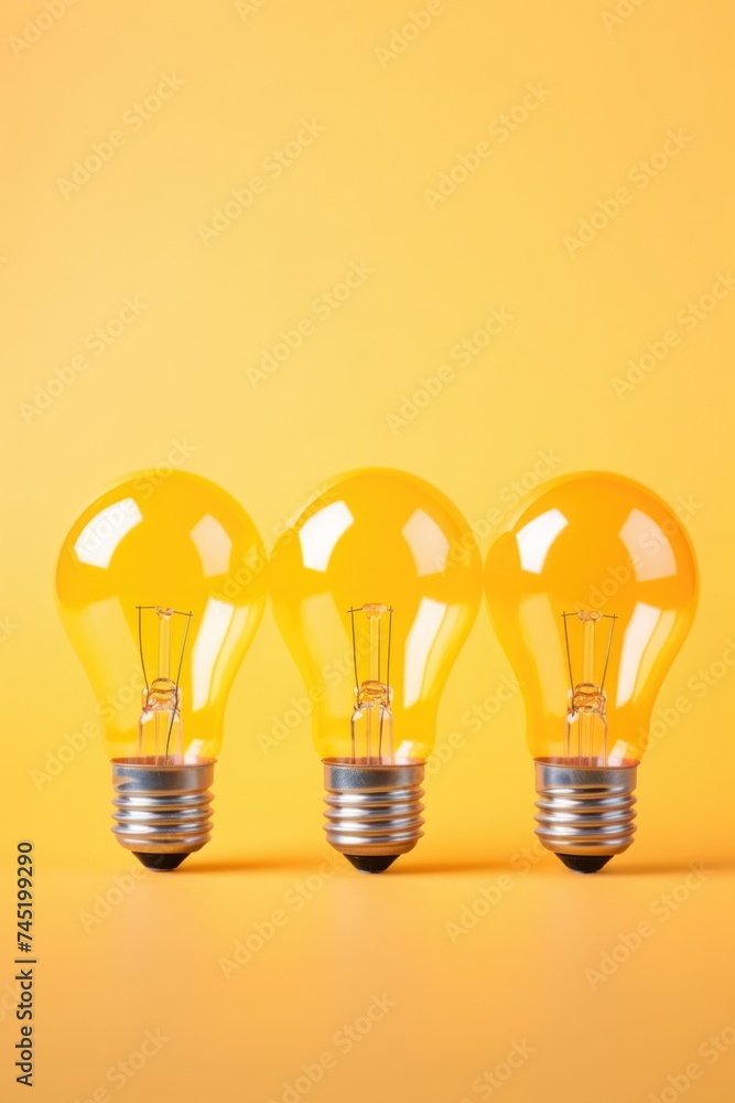 Wall mural Three light bulbs on a vibrant yellow background. Ideal for concepts related to creativity and innovation