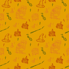 Magic items seamless pattern in hand draw style. School of witchcraft. Owl, fortune ball, hat, wand, book, poison.