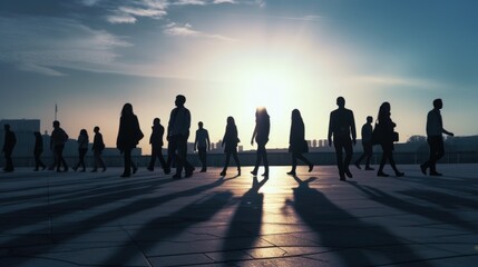 Group of people walking across a sidewalk at sunset, suitable for lifestyle and urban concept