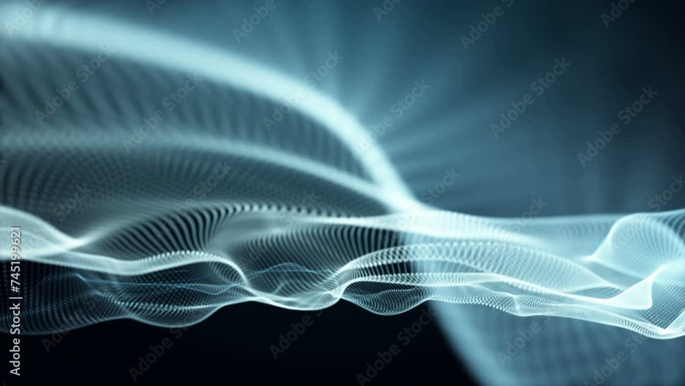 Poster futuristic video animation with particle wave object in slow motion, 4096x2304 loop 4k