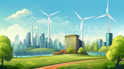 Illustration of natural scenery and renewable solar electricity, wind electricity, with a background of mountains, high-rise buildings, cloudy blue skies.