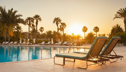 Fototapeta premium Sun loungers stand by the pool