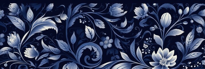 An Indigo wallpaper with ornate design, in the style of victorian, repeating pattern vector illustration
