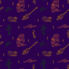 Magic items seamless pattern in hand draw style on violet background. School of witchcraft. Owl, moon, broom, mandrake, frog, poison.
