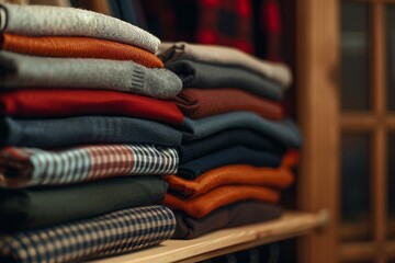A stack of neatly folded shirts on a shelf