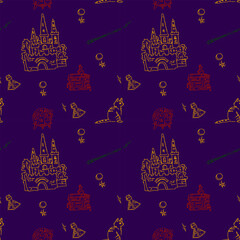 Magic items seamless pattern in hand draw style on violet background. School of witchcraft. Castle, cat, books, poison, moon.