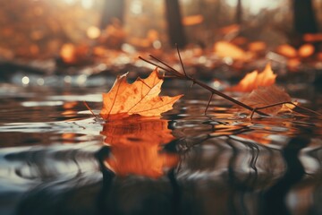A single leaf peacefully floating on water. Perfect for nature and relaxation concepts