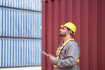 Portrait of an engineer checking products at an industrial container yard.