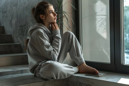Pensive Teenage Girl Sitting on a Home Landing Floor Next to Her Smartphone
