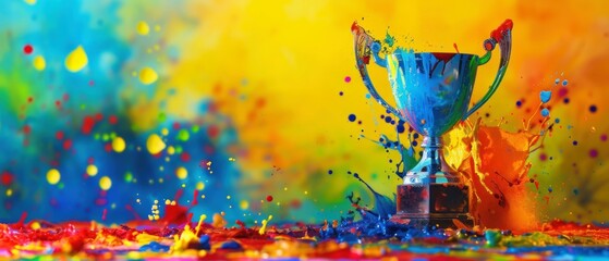 Vibrant Paint Splatter Trophy, Abstract trophy amidst vibrant splashes of paint, representing the celebration of creativity and diversity. - obrazy, fototapety, plakaty