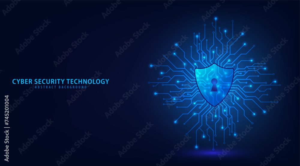 Poster Shield circuit Cyber security technology. Abstract background futuristic Hi tech style, Technology data protection system, Internet security and safety information personal, Vector and Illustration.