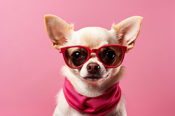 white chihuahua wearing sunglasses and a pink bandana