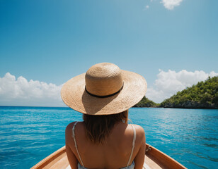 A woman in a swimsuit and hat sits on the bow of a boat in the t