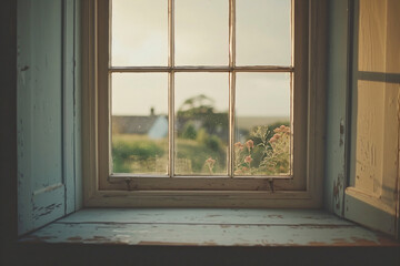 Vintage window view overlooking a rustic countryside landscape at sunset. Peaceful rural living and nostalgic memory concept with copy space