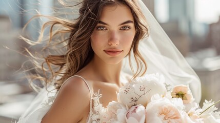 Naklejka premium Radiant Bride with Flowing Veil Holding Delicate Bouquet, Exuding Elegance and Romance Against Urban Backdrop