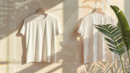 plain white t-shirt, front, back hanging on the wall, window light