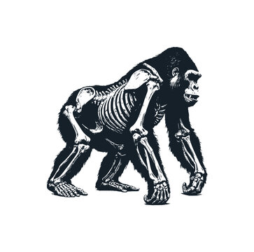 The gorilla and show his skeleton. Black white vector illustration.