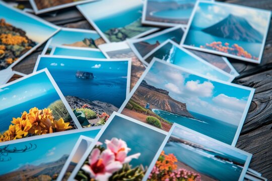 Assortment of Instant Film Photographs Displaying Scenic Views of Lanzarote Spread on a Wooden Surface
