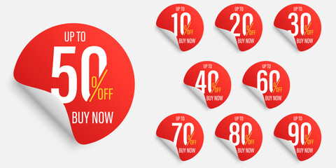 Different discount price 10, 20, 25, 30, 40, 50, 60, 70, 80, 90  Promotion sticker badge set for shopping marketing and advertisement clearance sale, special offer, Save money. Vector illustration. - obrazy, fototapety, plakaty