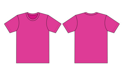 Blank Pink Short Sleeve T-Shirt Template On White Background.Front and Back View, Vector File