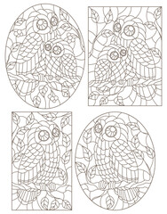 Set of contour illustrations in a stained glass siyle with a cute owls on a branches, dark contours on white background